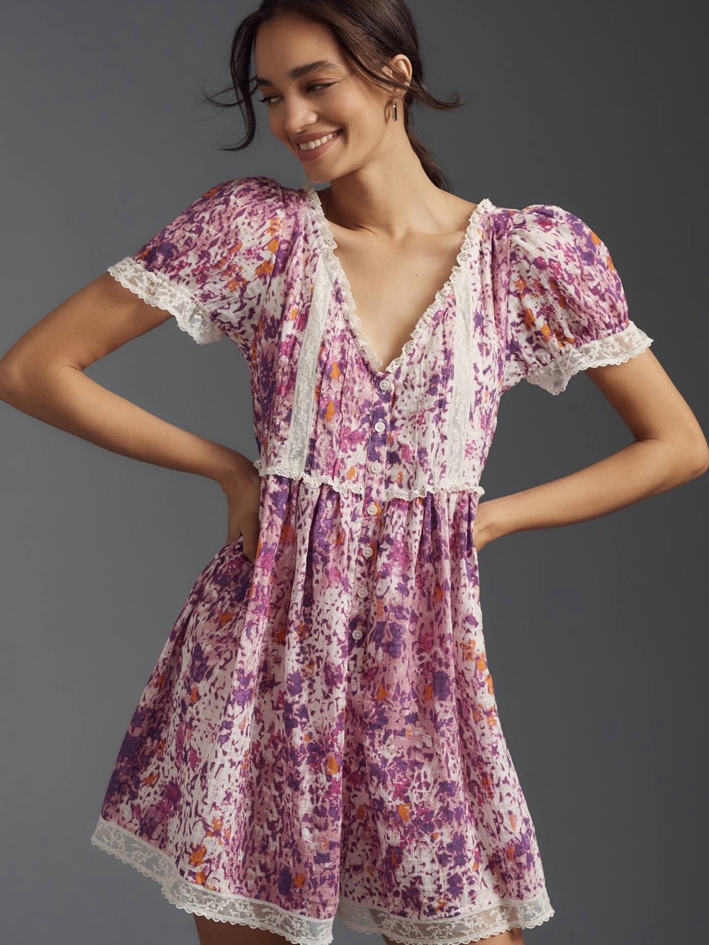 By Anthropologie Short-Sleeve Lace-Trim Babydoll Romper